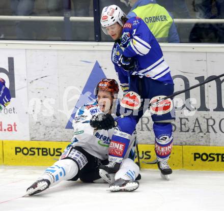 EBEL. Eishockey Bundesliga. EC VSV gegen EHC LIWEST Linz. John Hughes,  (VSV), Brian Lebler (Linz). Villach, am 24.11.2013.
Foto: Kuess 


---
pressefotos, pressefotografie, kuess, qs, qspictures, sport, bild, bilder, bilddatenbank