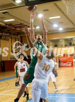 Basketball 2. Bundesliga. Woerthersee Piraten gegen BK Mattersburg Rocks. Joachim Buggelsheim, (Piraten), Paul Eder  (Mattersburg). Klagenfurt, am 30.11.2013.
Foto: Kuess
---
pressefotos, pressefotografie, kuess, qs, qspictures, sport, bild, bilder, bilddatenbank