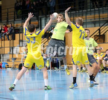 Handball Bundesliga. HC Kaernten gegen UHC Hollabrunn. Anze Kljajic (HCK), Andreas Czech, Bohunicky Peter (Hollabrunn). Viktring, am 30.11.2013.
Foto: Kuess
---
pressefotos, pressefotografie, kuess, qs, qspictures, sport, bild, bilder, bilddatenbank