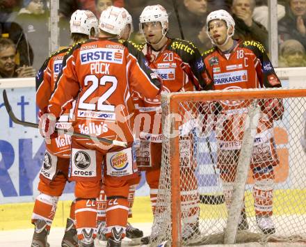 EBEL. Eishockey Bundesliga. KAC gegen Moser Medical Graz 99ers. torjubel John Lammers, Colton Fretter, Thomas Koch, Kirk Furey, Martin Schumnig (KAC). Klagenfurt, am 1.12.2013
Foto: Kuess 

---
pressefotos, pressefotografie, kuess, qs, qspictures, sport, bild, bilder, bilddatenbank