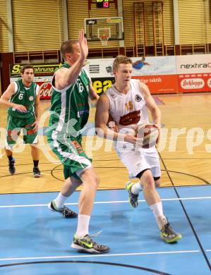 Basketball 2. Bundesliga. Woerthersee Piraten gegen BK Mattersburg Rocks. Paul Koroschitz (Piraten), Corey Hallett (Mattersburg). Klagenfurt, am 30.11.2013.
Foto: Kuess
---
pressefotos, pressefotografie, kuess, qs, qspictures, sport, bild, bilder, bilddatenbank