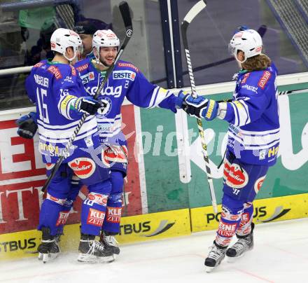 EBEL. Eishockey Bundesliga. EC VSV gegen EC Red Bull Salzburg. torjubel PETRIK Benjamin, FORNEY Michael, NAGELER Daniel (VSV).  (VSV). Villach, am 1.12.2013.
Foto: Kuess 


---
pressefotos, pressefotografie, kuess, qs, qspictures, sport, bild, bilder, bilddatenbank