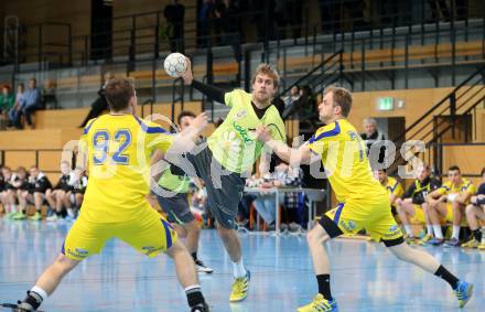 Handball Bundesliga. HC Kaernten gegen UHC Hollabrunn. Anze Kljajic (HCK), Florian Ruf, Bohunicky Peter (Hollabrunn). Viktring, am 30.11.2013.
Foto: Kuess
---
pressefotos, pressefotografie, kuess, qs, qspictures, sport, bild, bilder, bilddatenbank