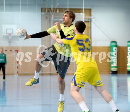 Handball Bundesliga. HC Kaernten gegen UHC Hollabrunn. Anze Kljajic (HCK), Andreas Czech, (Hollabrunn). Viktring, am 30.11.2013.
Foto: Kuess
---
pressefotos, pressefotografie, kuess, qs, qspictures, sport, bild, bilder, bilddatenbank