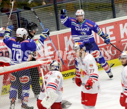 EBEL. Eishockey Bundesliga. EC VSV gegen EC Red Bull Salzburg. Torjubel PEWAL Marco, HUGHES John, (VSV). (VSV). Villach, am 1.12.2013.
Foto: Kuess 


---
pressefotos, pressefotografie, kuess, qs, qspictures, sport, bild, bilder, bilddatenbank