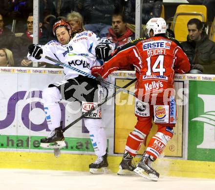 EBEL. Eishockey Bundesliga. KAC gegen EHC LIWEST Linz. Johannes Reichel (KAC), Andrew Jacob Kozek (Linz). Klagenfurt, am 3.12.2013
Foto: Kuess 

---
pressefotos, pressefotografie, kuess, qs, qspictures, sport, bild, bilder, bilddatenbank