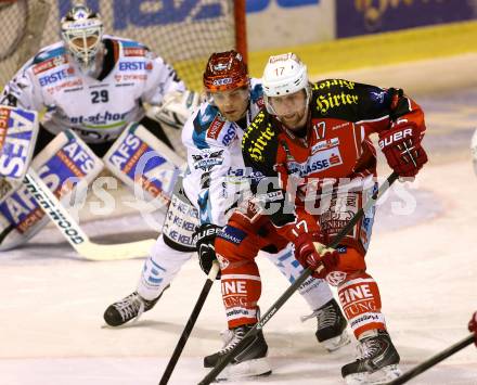 EBEL. Eishockey Bundesliga. KAC gegen EHC LIWEST Linz. Colton Fretter (KAC), Daniel Mitterdorfer, Michael Ouzas (Linz). Klagenfurt, am 3.12.2013
Foto: Kuess 

---
pressefotos, pressefotografie, kuess, qs, qspictures, sport, bild, bilder, bilddatenbank