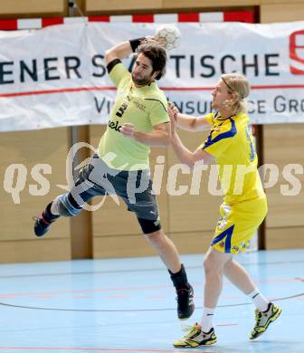 Handball Bundesliga. HC Kaernten gegen UHC Hollabrunn. Josef Sourek  (HCK),  Alexander Beitz (Hollabrunn). Viktring, am 30.11.2013.
Foto: Kuess
---
pressefotos, pressefotografie, kuess, qs, qspictures, sport, bild, bilder, bilddatenbank