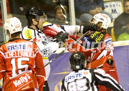 EBEL. Eishockey Bundesliga. KAC gegen Dornbirner Eishockey Club. Markus Pirmann,  (KAC), Matthew Plante (Dornbirn). Klagenfurt, am 8.12.2013
Foto: Kuess 

---
pressefotos, pressefotografie, kuess, qs, qspictures, sport, bild, bilder, bilddatenbank