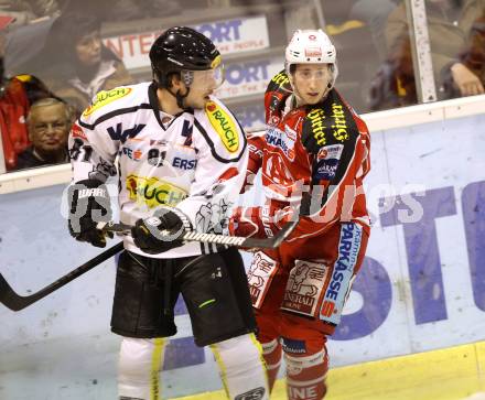 EBEL. Eishockey Bundesliga. KAC gegen Dornbirner Eishockey Club. Daniel Ban,  (KAC), Robert Lembacher (Dornbirn). Klagenfurt, am 8.12.2013
Foto: Kuess 

---
pressefotos, pressefotografie, kuess, qs, qspictures, sport, bild, bilder, bilddatenbank