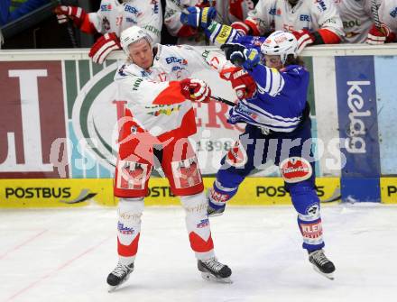 EBEL. Eishockey Bundesliga. EC VSV gegen HCB Suedtirol Bozen. Brock McBride, (VSV), Alexander Egger (Bozen). Villach, am 10.12.2013.
Foto: Kuess 


---
pressefotos, pressefotografie, kuess, qs, qspictures, sport, bild, bilder, bilddatenbank