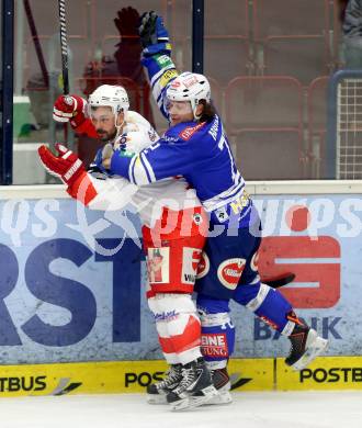 EBEL. Eishockey Bundesliga. EC VSV gegen HCB Suedtirol Bozen. John Hughes,  (VSV), Sebastien Piche (Bozen). Villach, am 10.12.2013.
Foto: Kuess 


---
pressefotos, pressefotografie, kuess, qs, qspictures, sport, bild, bilder, bilddatenbank