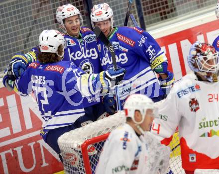 EBEL. Eishockey Bundesliga. EC VSV gegen HCB Suedtirol Bozen.  Torjubel Derek Ryan, Marco Pewal, John Hughes,  (VSV). Villach, am 10.12.2013.
Foto: Kuess 


---
pressefotos, pressefotografie, kuess, qs, qspictures, sport, bild, bilder, bilddatenbank