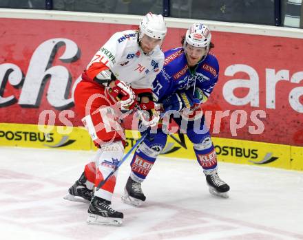 EBEL. Eishockey Bundesliga. EC VSV gegen HCB Suedtirol Bozen. John Hughes, (VSV), Davide Nicoletti (Bozen). Villach, am 10.12.2013.
Foto: Kuess 


---
pressefotos, pressefotografie, kuess, qs, qspictures, sport, bild, bilder, bilddatenbank