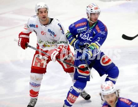 EBEL. Eishockey Bundesliga. EC VSV gegen HCB Suedtirol Bozen. Marco Pewal, (VSV), Angelo Esposito  (Bozen). Villach, am 10.12.2013.
Foto: Kuess 


---
pressefotos, pressefotografie, kuess, qs, qspictures, sport, bild, bilder, bilddatenbank