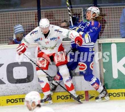 EBEL. Eishockey Bundesliga. EC VSV gegen HCB Suedtirol Bozen. Michael Forney,  (VSV), Alexander Egger (Bozen). Villach, am 10.12.2013.
Foto: Kuess 


---
pressefotos, pressefotografie, kuess, qs, qspictures, sport, bild, bilder, bilddatenbank