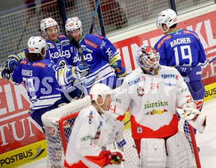 EBEL. Eishockey Bundesliga. EC VSV gegen HCB Suedtirol Bozen.  Torjubel Derek Ryan, Marco Pewal, John Hughes, Stefan Bacher (VSV). Villach, am 10.12.2013.
Foto: Kuess 


---
pressefotos, pressefotografie, kuess, qs, qspictures, sport, bild, bilder, bilddatenbank