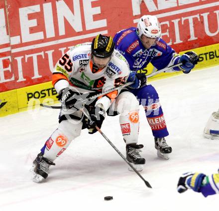 EBEL. Eishockey Bundesliga. EC VSV gegen Moser Medical Graz 99ers.  Klemen Pretnar, (VSV), Francis Lemieux (Graz). Villach, am 15.12.2013.
Foto: Kuess 


---
pressefotos, pressefotografie, kuess, qs, qspictures, sport, bild, bilder, bilddatenbank