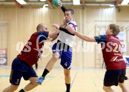 Handball Bundesliga. HLA. SC Ferlach gegen UNION Juri Leoben. David Kovac, (Ferlach), Marin Knez, Andreas Schwarz (Leoben). Ferlach, 15.12.2013.
Foto: Kuess
---
pressefotos, pressefotografie, kuess, qs, qspictures, sport, bild, bilder, bilddatenbank