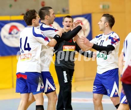 Handball Bundesliga. HLA. SC Ferlach gegen UNION Juri Leoben. Jubel Mathias Rath, David Kovac, Izudin Mujanovic (Ferlach). Ferlach, 15.12.2013.
Foto: Kuess
---
pressefotos, pressefotografie, kuess, qs, qspictures, sport, bild, bilder, bilddatenbank