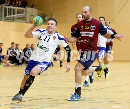 Handball Bundesliga. HLA. SC Ferlach gegen UNION Juri Leoben. Izudin Mujanovic, (Ferlach), Marin Knez (Leoben). Ferlach, 15.12.2013.
Foto: Kuess
---
pressefotos, pressefotografie, kuess, qs, qspictures, sport, bild, bilder, bilddatenbank