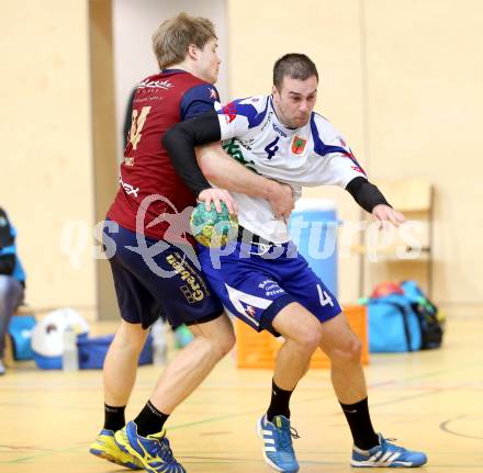 Handball Bundesliga. HLA. SC Ferlach gegen UNION Juri Leoben. David Kovac, (Ferlach), Andreas Schwarz (Leoben). Ferlach, 15.12.2013.
Foto: Kuess
---
pressefotos, pressefotografie, kuess, qs, qspictures, sport, bild, bilder, bilddatenbank