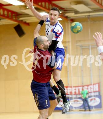 Handball Bundesliga. HLA. SC Ferlach gegen UNION Juri Leoben. Izudin Mujanovic, (Ferlach), Marin Knez  (Leoben). Ferlach, 15.12.2013.
Foto: Kuess
---
pressefotos, pressefotografie, kuess, qs, qspictures, sport, bild, bilder, bilddatenbank