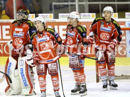 EBEL. Eishockey Bundesliga. KAC gegen HDD TELEMACH Olimpija Ljubljana.  Rene Swette, Philipp Koczera, Tyler Scofield, Manuel Geier (KAC). Klagenfurt, am 17.12.2013
Foto: Kuess 

---
pressefotos, pressefotografie, kuess, qs, qspictures, sport, bild, bilder, bilddatenbank