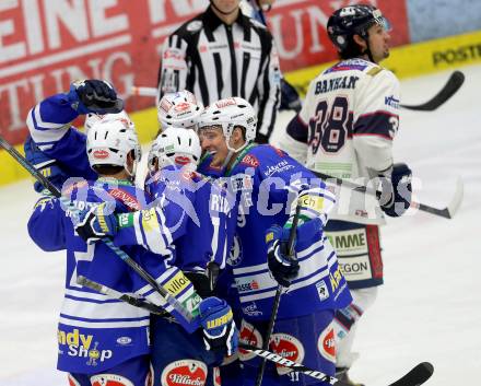 EBEL. Eishockey Bundesliga. EC VSV gegen SAPA Fehervar AV19. Torjubel Derek Ryan, John Hughes, Daniel Nageler, Cole Jarrett (VSV). Villach, am 17.12.2013.
Foto: Kuess 


---
pressefotos, pressefotografie, kuess, qs, qspictures, sport, bild, bilder, bilddatenbank