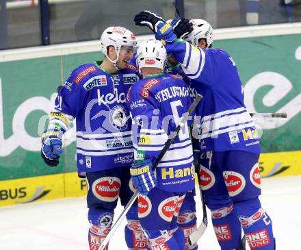 EBEL. Eishockey Bundesliga. EC VSV gegen SAPA Fehervar AV19.  Torjubel Derek Ryan, Marco Pewal, Gerhard Unterluggauer, Cole Jarrett (VSV). Villach, am 17.12.2013.
Foto: Kuess 


---
pressefotos, pressefotografie, kuess, qs, qspictures, sport, bild, bilder, bilddatenbank