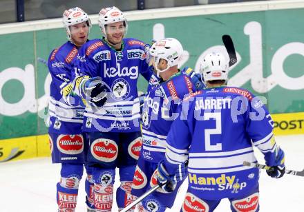 EBEL. Eishockey Bundesliga. EC VSV gegen SAPA Fehervar AV19. Torjubel Derek Ryan, Marco Pewal, Gerhard Unterluggauer, Cole Jarrett (VSV). Villach, am 17.12.2013.
Foto: Kuess 


---
pressefotos, pressefotografie, kuess, qs, qspictures, sport, bild, bilder, bilddatenbank