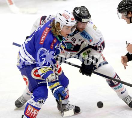 EBEL. Eishockey Bundesliga. EC VSV gegen SAPA Fehervar AV19. Michael Forney, (VSV),  Andrew Sarauer (Alba Volan). Villach, am 17.12.2013.
Foto: Kuess 


---
pressefotos, pressefotografie, kuess, qs, qspictures, sport, bild, bilder, bilddatenbank