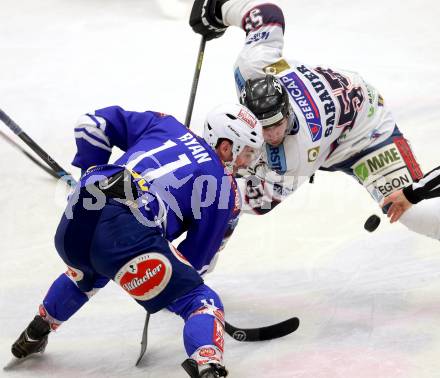 EBEL. Eishockey Bundesliga. EC VSV gegen SAPA Fehervar AV19.  Derek Ryan, (VSV), Andrew Sarauer (Alba Volan). Villach, am 17.12.2013.
Foto: Kuess 


---
pressefotos, pressefotografie, kuess, qs, qspictures, sport, bild, bilder, bilddatenbank