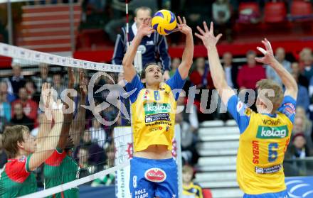 Volleyball Champions League. SK Posijilnica Aich/Dob gegen Novosibirsk. Rok Satler, Peter Wohlfahrtstaetter (Aich/Dob). Klagenfurt, am 18.12.2013.
Foto: Kuess
---
pressefotos, pressefotografie, kuess, qs, qspictures, sport, bild, bilder, bilddatenbank