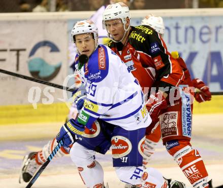 EBEL. Eishockey Bundesliga. KAC gegen VSV. Mike Siklenka, (KAC), Patrick Platzer  (VSV). Klagenfurt, am 26.12.2013
Foto: Kuess 

---
pressefotos, pressefotografie, kuess, qs, qspictures, sport, bild, bilder, bilddatenbank