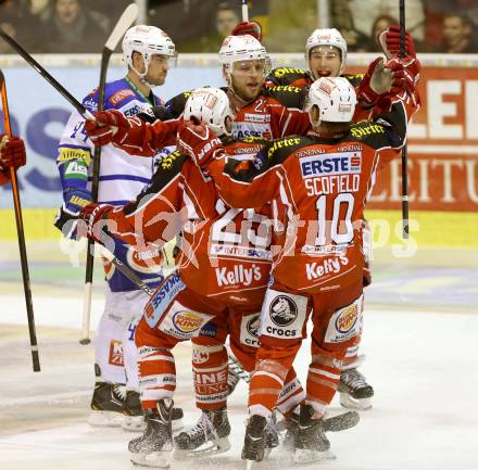 EBEL. Eishockey Bundesliga. KAC gegen VSV. Torjubel Thomas Poeck, Patrick Harand, Kirk Furey, Tyler Scofield (KAC). Klagenfurt, am 26.12.2013
Foto: Kuess 

---
pressefotos, pressefotografie, kuess, qs, qspictures, sport, bild, bilder, bilddatenbank