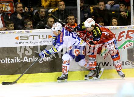 EBEL. Eishockey Bundesliga. KAC gegen VSV. Martin Schumnig, (KAC),  Nico Brunner  (VSV). Klagenfurt, am 26.12.2013
Foto: Kuess 

---
pressefotos, pressefotografie, kuess, qs, qspictures, sport, bild, bilder, bilddatenbank