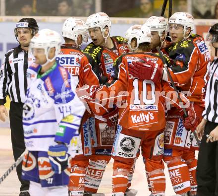 EBEL. Eishockey Bundesliga. KAC gegen VSV. Torjubel Thomas Poeck, Patrick Harand, Kirk Furey, Tyler Scofield (KAC). Klagenfurt, am 26.12.2013
Foto: Kuess 

---
pressefotos, pressefotografie, kuess, qs, qspictures, sport, bild, bilder, bilddatenbank