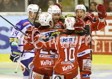 EBEL. Eishockey Bundesliga. KAC gegen VSV. Torjubel Thomas Poeck, Patrick Harand, Kirk Furey, Tyler Scofield (KAC). Klagenfurt, am 26.12.2013
Foto: Kuess 

---
pressefotos, pressefotografie, kuess, qs, qspictures, sport, bild, bilder, bilddatenbank