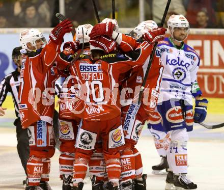 EBEL. Eishockey Bundesliga. KAC gegen VSV. Torjubel Thomas Poeck, Patrick Harand, Kirk Furey, Tyler Scofield, Colton Fretter (KAC). Klagenfurt, am 26.12.2013
Foto: Kuess 

---
pressefotos, pressefotografie, kuess, qs, qspictures, sport, bild, bilder, bilddatenbank