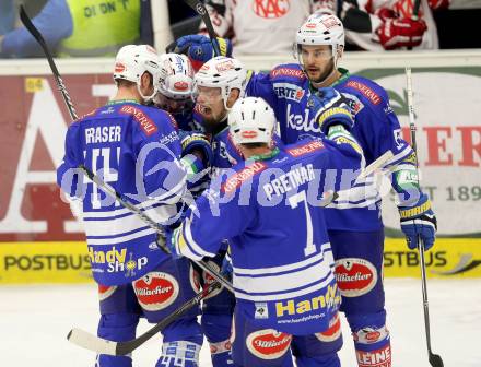 EBEL. Eishockey Bundesliga. EC VSV gegen KAC. Torjubel Derek Ryan, Curtis Fraser, Markus Peintner, Scott Hotham, Klemen Pretnar (VSV). Villach, am 28.12.2013.
Foto: Kuess 


---
pressefotos, pressefotografie, kuess, qs, qspictures, sport, bild, bilder, bilddatenbank