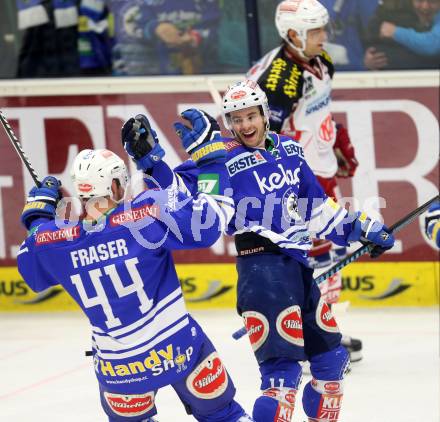 EBEL. Eishockey Bundesliga. EC VSV gegen KAC. Torjubel Derek Ryan, Curtis Fraser (VSV). Villach, am 28.12.2013.
Foto: Kuess 


---
pressefotos, pressefotografie, kuess, qs, qspictures, sport, bild, bilder, bilddatenbank