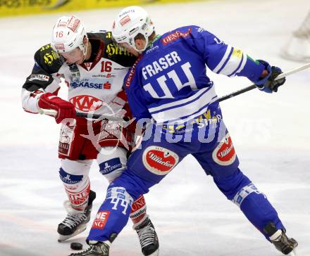 EBEL. Eishockey Bundesliga. EC VSV gegen KAC.  Curtis Fraser, (VSV), Patrick Harand (KAC). Villach, am 28.12.2013.
Foto: Kuess 


---
pressefotos, pressefotografie, kuess, qs, qspictures, sport, bild, bilder, bilddatenbank