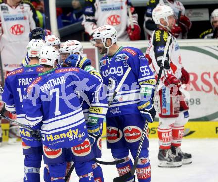 EBEL. Eishockey Bundesliga. EC VSV gegen KAC.  Torjubel Derek Ryan, Curtis Fraser, Markus Peintner, Scott Hotham, Klemen Pretnar (VSV). Villach, am 28.12.2013.
Foto: Kuess 


---
pressefotos, pressefotografie, kuess, qs, qspictures, sport, bild, bilder, bilddatenbank