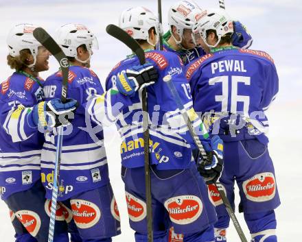 EBEL. Eishockey Bundesliga. EC VSV gegen KAC. Torjubel Marco Pewal, Derek Ryan, Stefan Bacher, John HUghes (VSV). Villach, am 28.12.2013.
Foto: Kuess 


---
pressefotos, pressefotografie, kuess, qs, qspictures, sport, bild, bilder, bilddatenbank