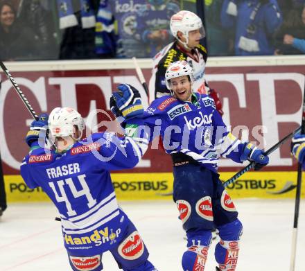 EBEL. Eishockey Bundesliga. EC VSV gegen KAC. Torjubel Derek Ryan, Curtis Fraser (VSV). Villach, am 28.12.2013.
Foto: Kuess 


---
pressefotos, pressefotografie, kuess, qs, qspictures, sport, bild, bilder, bilddatenbank