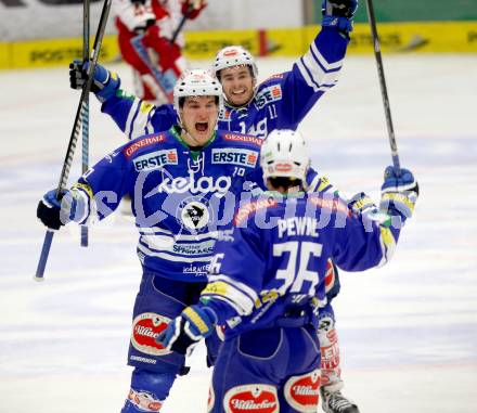 EBEL. Eishockey Bundesliga. EC VSV gegen KAC. Torjubel Marco Pewal, Derek Ryan, Stefan Bacher (VSV). Villach, am 28.12.2013.
Foto: Kuess 


---
pressefotos, pressefotografie, kuess, qs, qspictures, sport, bild, bilder, bilddatenbank