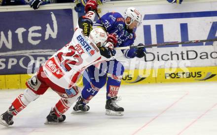 EBEL. Eishockey Bundesliga. EC VSV gegen KAC.  Markus Peintner, (VSV), Thomas Poeck (KAC). Villach, am 28.12.2013.
Foto: Kuess 


---
pressefotos, pressefotografie, kuess, qs, qspictures, sport, bild, bilder, bilddatenbank