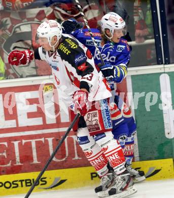 EBEL. Eishockey Bundesliga. EC VSV gegen KAC. Michael Forney, (VSV), Mike Siklenka  (KAC). Villach, am 28.12.2013.
Foto: Kuess 


---
pressefotos, pressefotografie, kuess, qs, qspictures, sport, bild, bilder, bilddatenbank