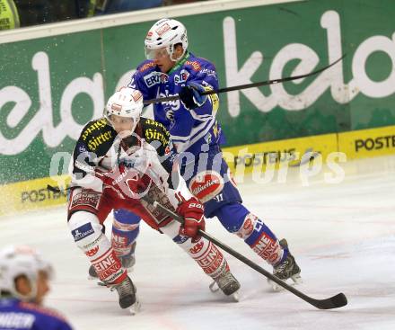 EBEL. Eishockey Bundesliga. EC VSV gegen KAC. Nico Brunner, (VSV), Daniel Ban  (KAC). Villach, am 28.12.2013.
Foto: Kuess 


---
pressefotos, pressefotografie, kuess, qs, qspictures, sport, bild, bilder, bilddatenbank